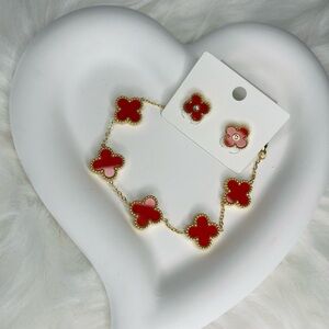 Stainless Steel. Elegant Red and Pink Floral Jewelry Set